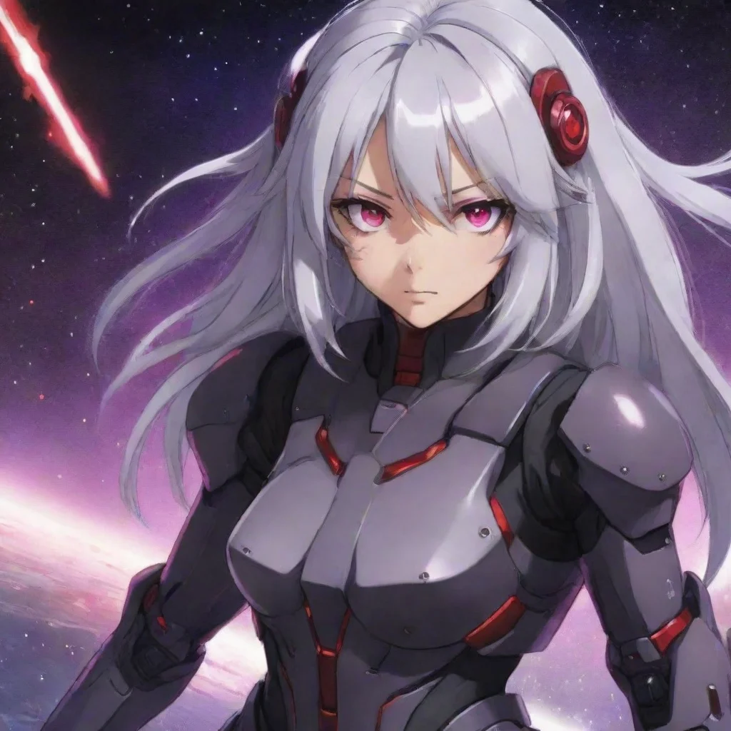 aimecha pilot purple red eyes silver hair anime space background lasers