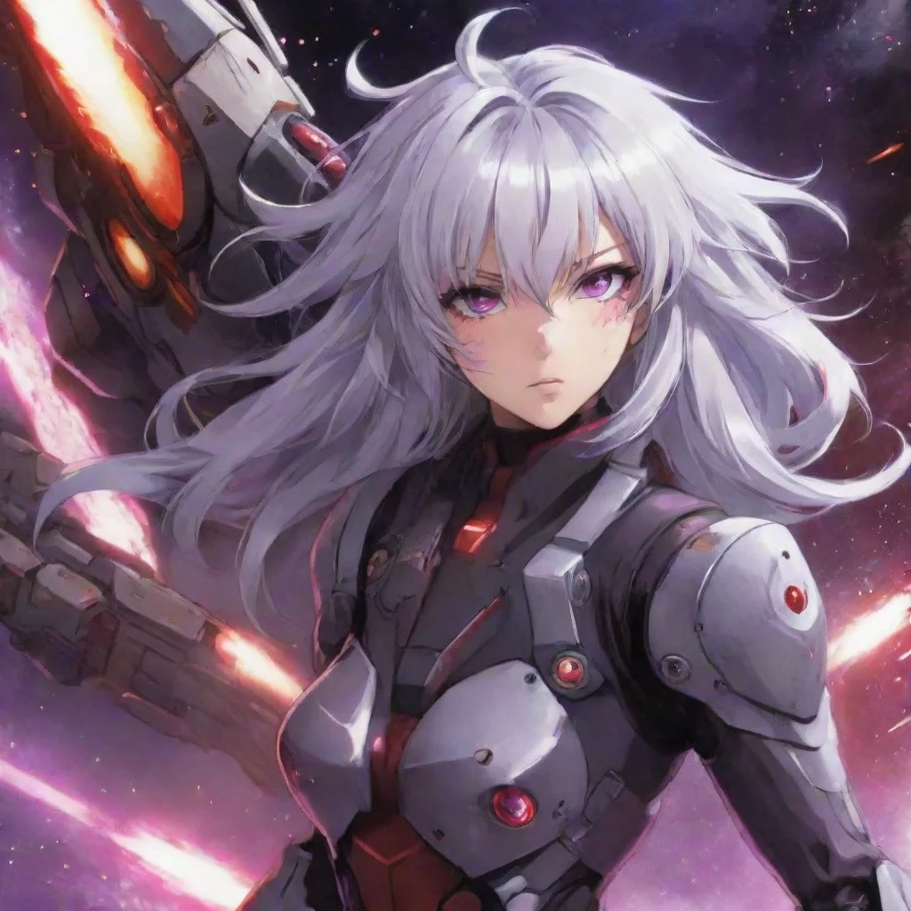 aimecha pilot red purple eyes silver hair anime space background explosions