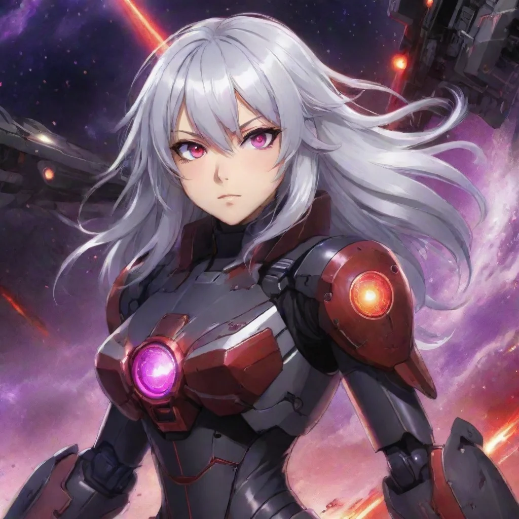aimecha pilot red purple eyes silver hair anime space background lasers explosions