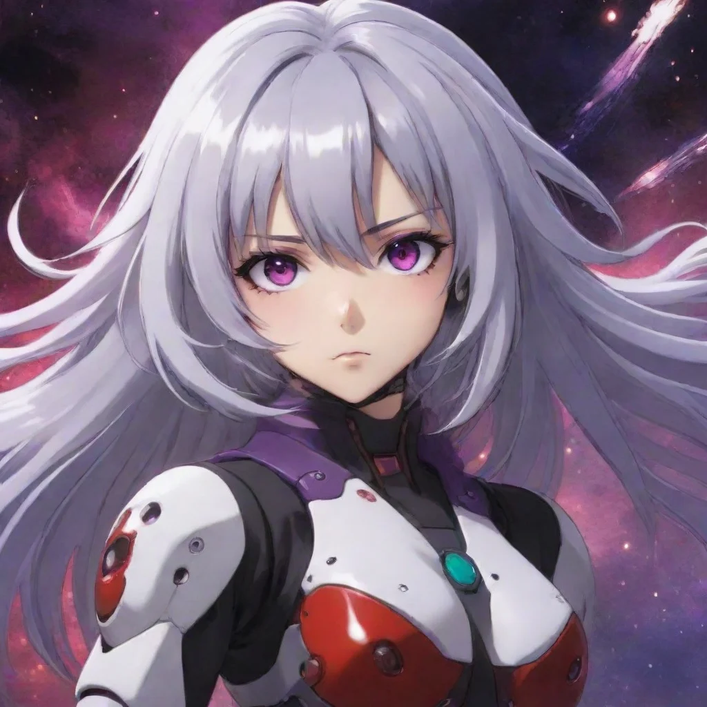 aimecha pilot red purple eyes silver hair anime space background