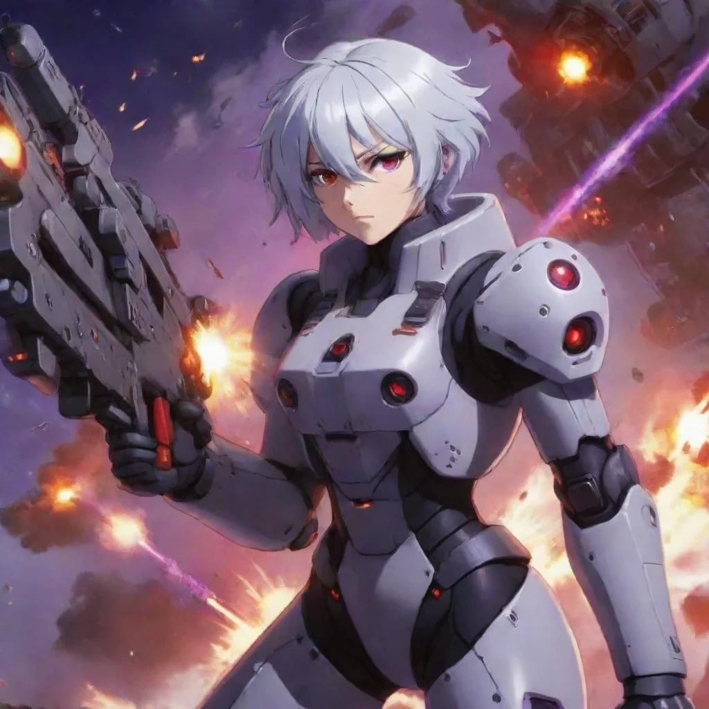 aimecha pilot with gun%2C purple red eyes%2C short silver hair%2C anime space background%2C battleship%2C fighting%2C explosions%2C lasers