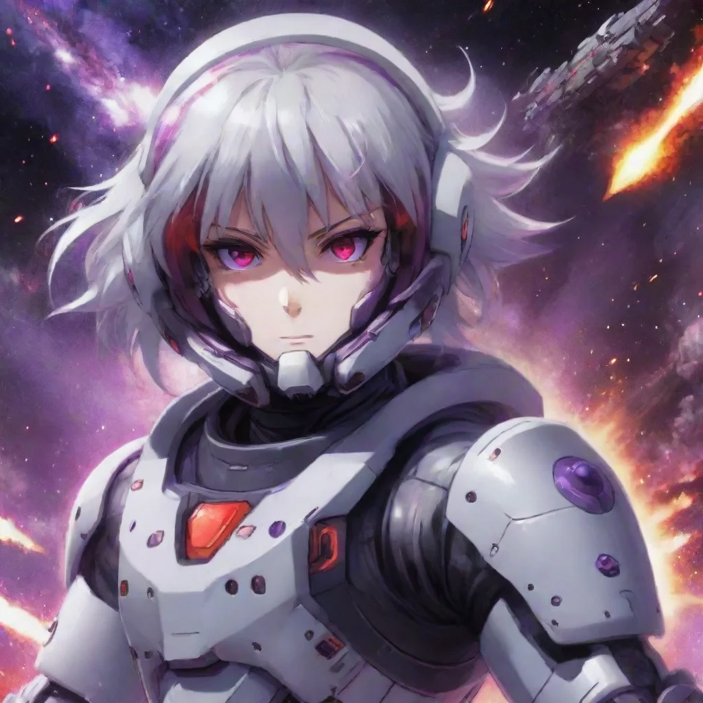 mecha pilot with helmet and spacesuit silver hair red purple eyes anime space background lasers explosions spaceship fighting