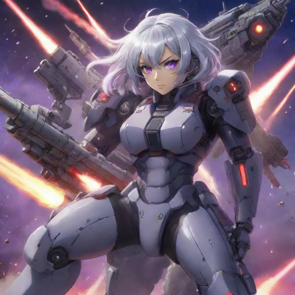 aimecha pilot with rocket launcher%2C short silver hair%2C purple red eyes%2C anime space background%2C battleship%2C lasers%2C explosions%2C fighting
