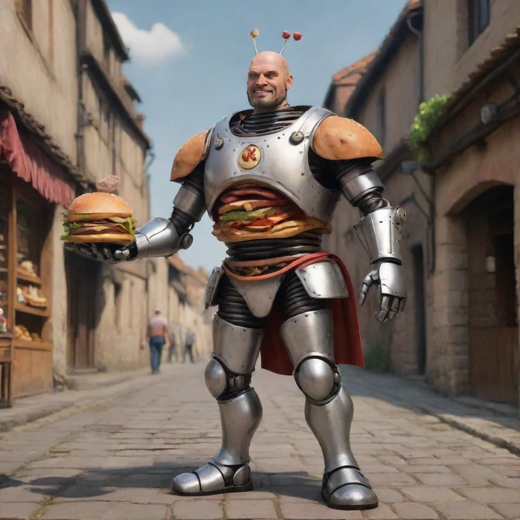 medieval cyborg cartoon hamburger man