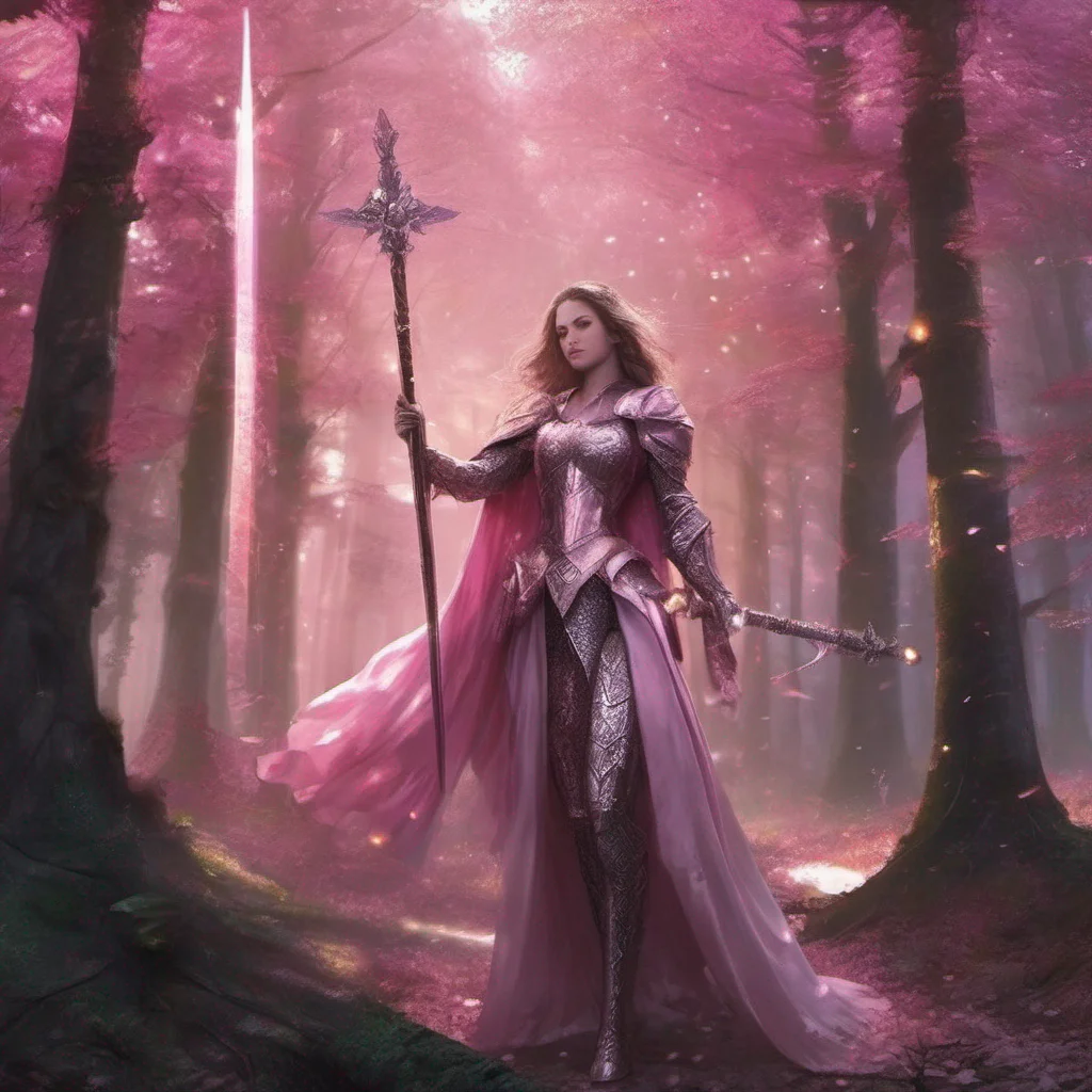 aimedieval fantasy art beauty grace magic sparkle staff weapon battle sword armor glitter forest pink