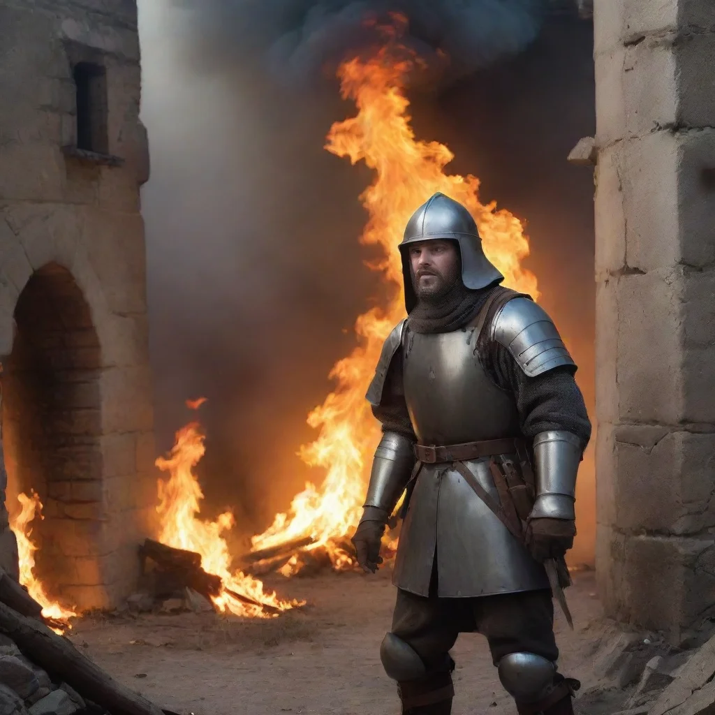 medieval soldier in siege scared of fire