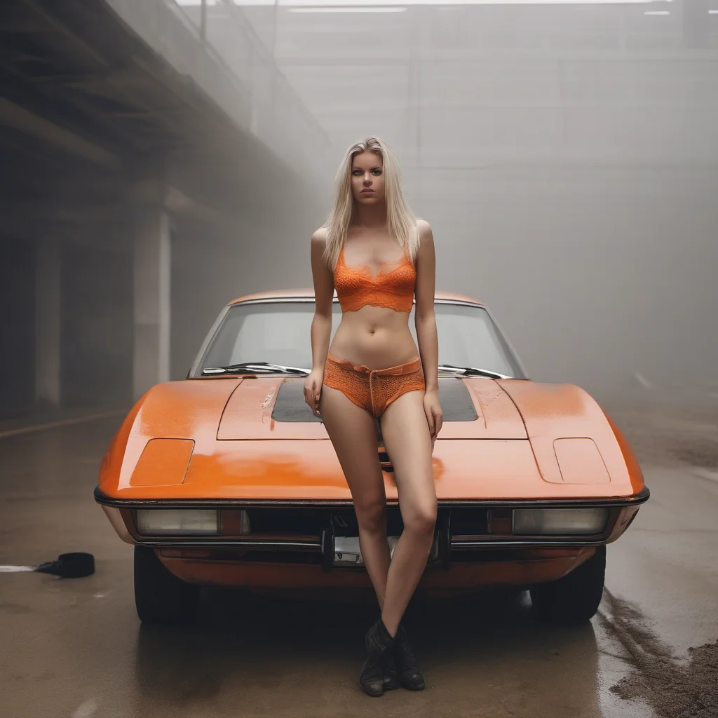 medium format art photo   blonde country girl in minimalist lingerie in front of her orange sportscar. foggy%2C dirty%2C muddy. parking garage