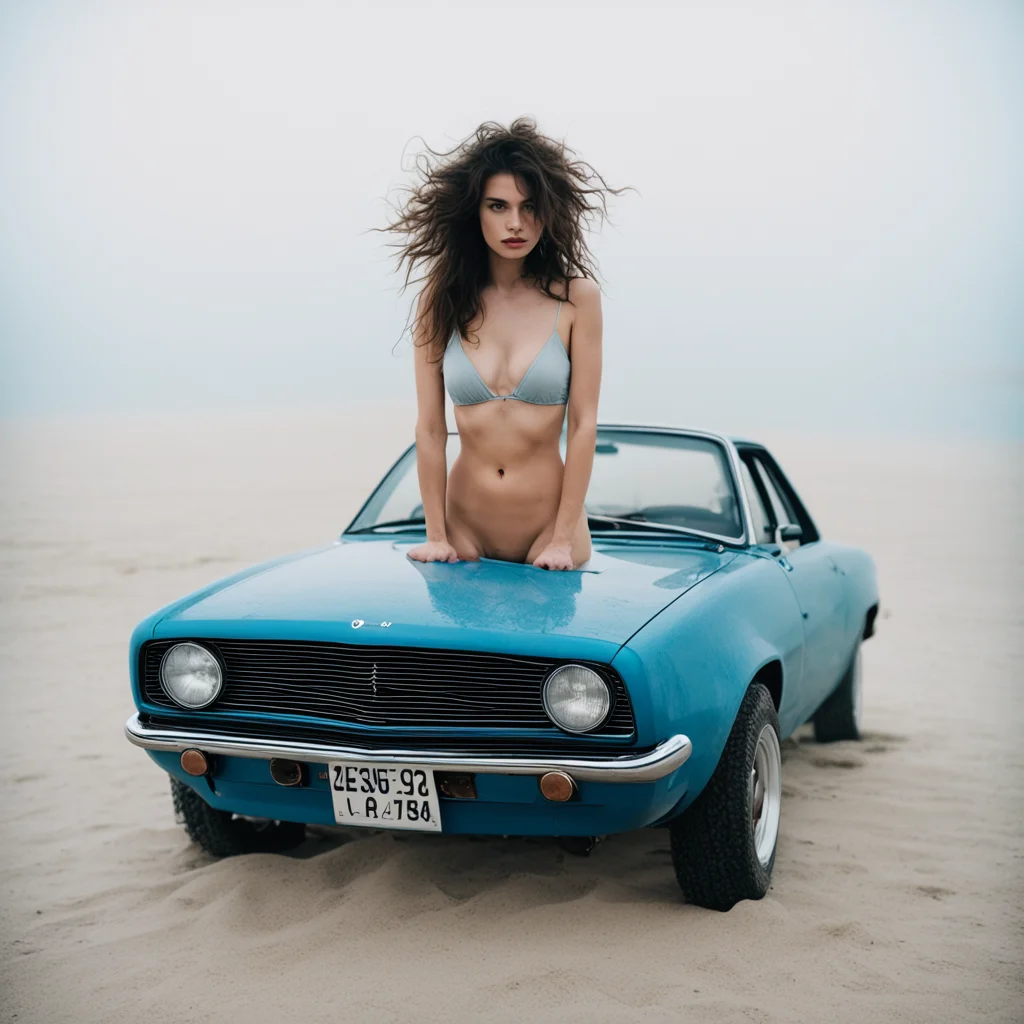 medium format art photo   brunette french girl toples messy hair  in minimalist lingerie in front of her old blue peugeot 205  foggy sandy beach good looking trending fantastic 1