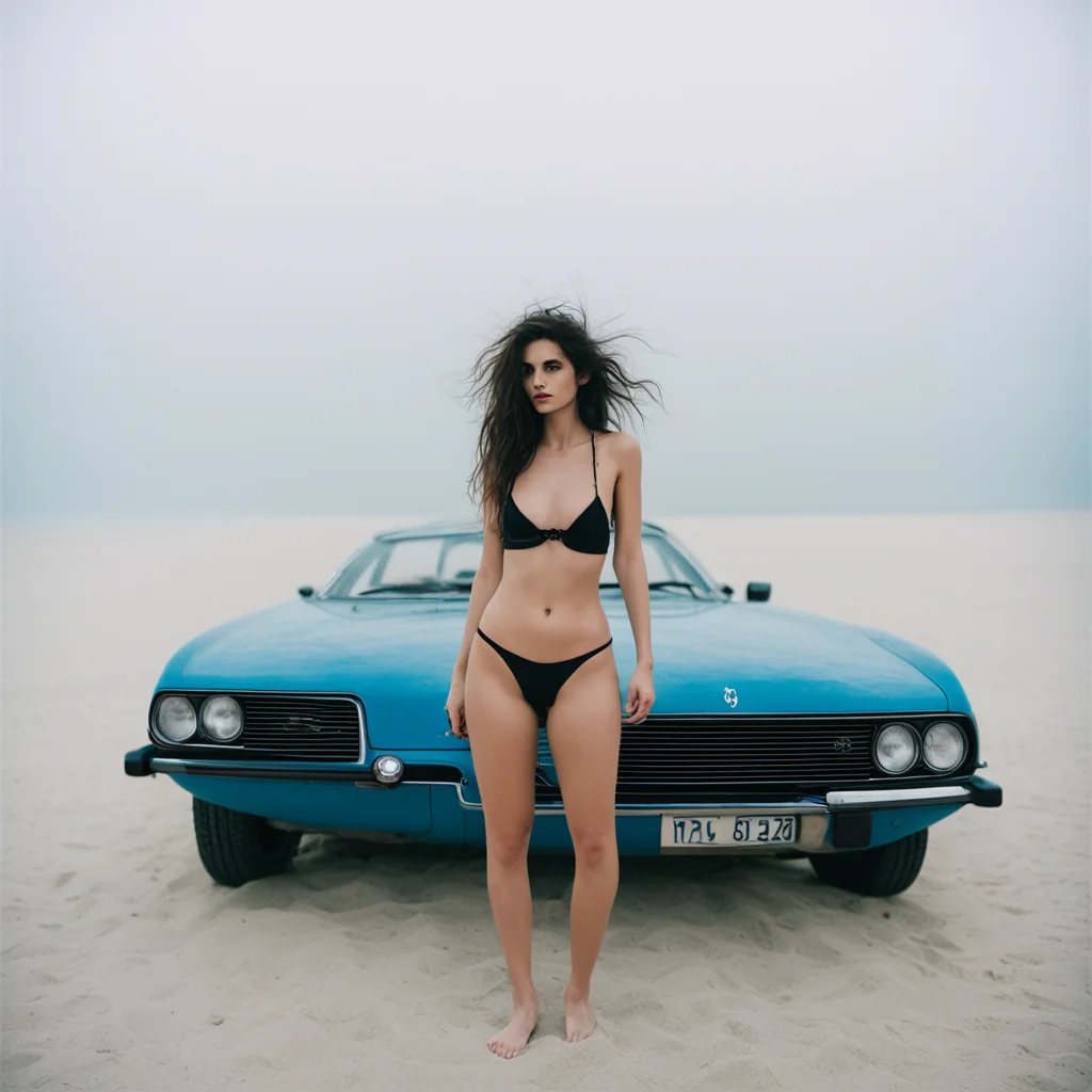medium format art photo   brunette french girl toples messy hair  in minimalist lingerie in front of her old blue peugeot 205  foggy sandy beach