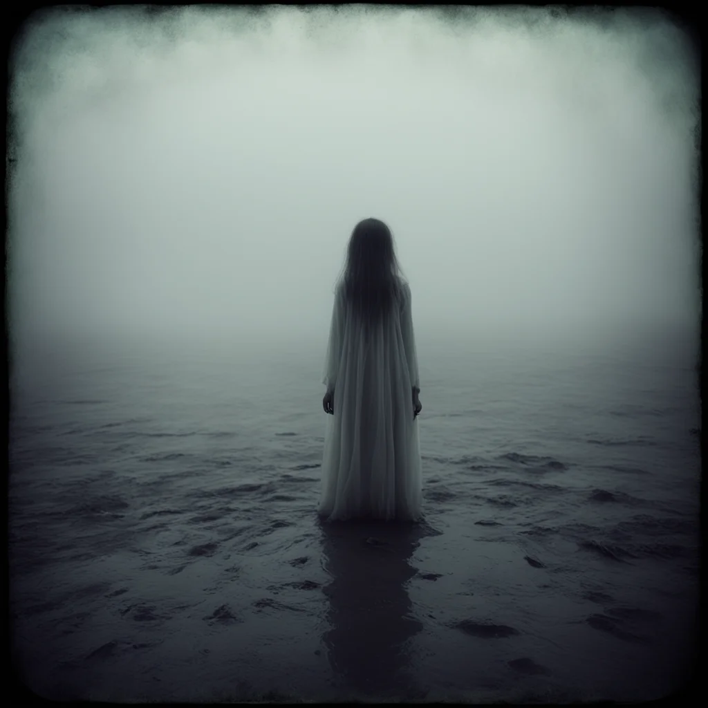 medium format art photo   ghost of girl  foggy muddy  mysterious still sea  uncanny night hipstamatic style