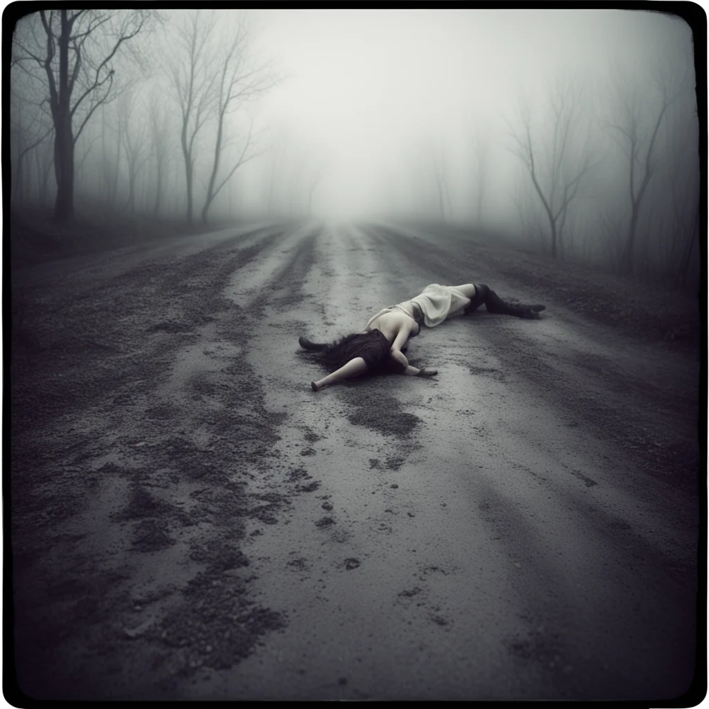 medium format art photo   girl laying dead  foggy muddy  mysterious winding road  uncanny night hipstamatic style good looking trending fantastic 1