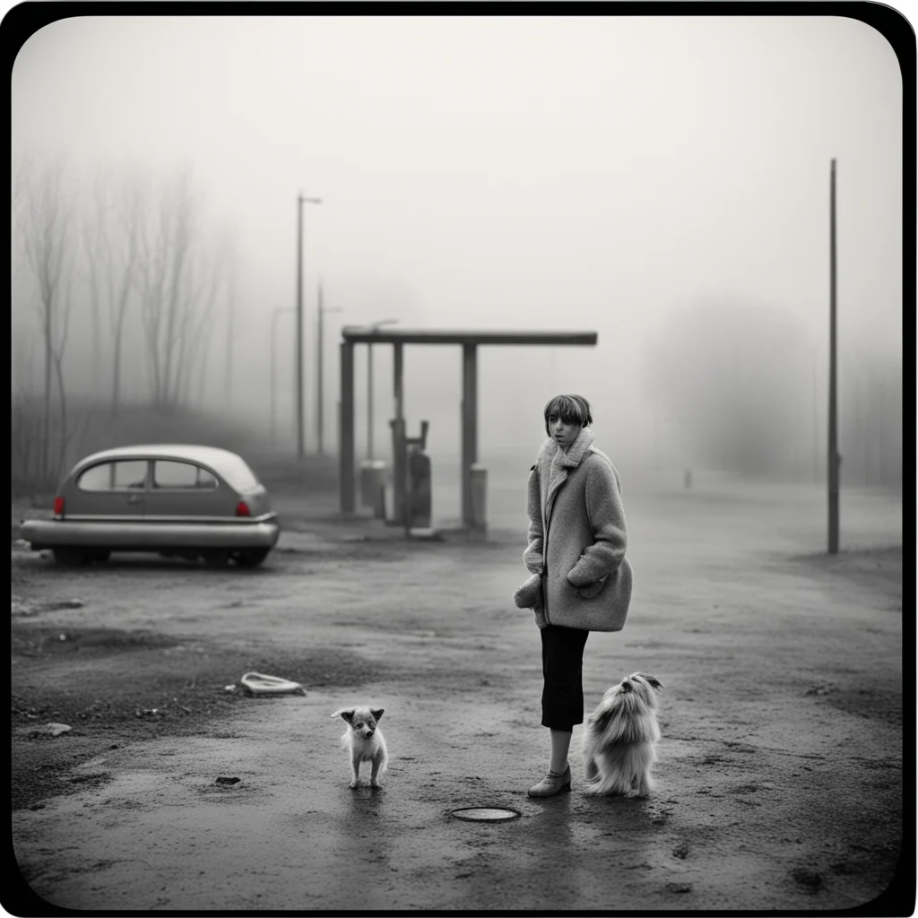 medium format art photo   lonesome young french woman small dog   foggy muddy gas station mysterious hipstamatic style amazing awesome portrait 2