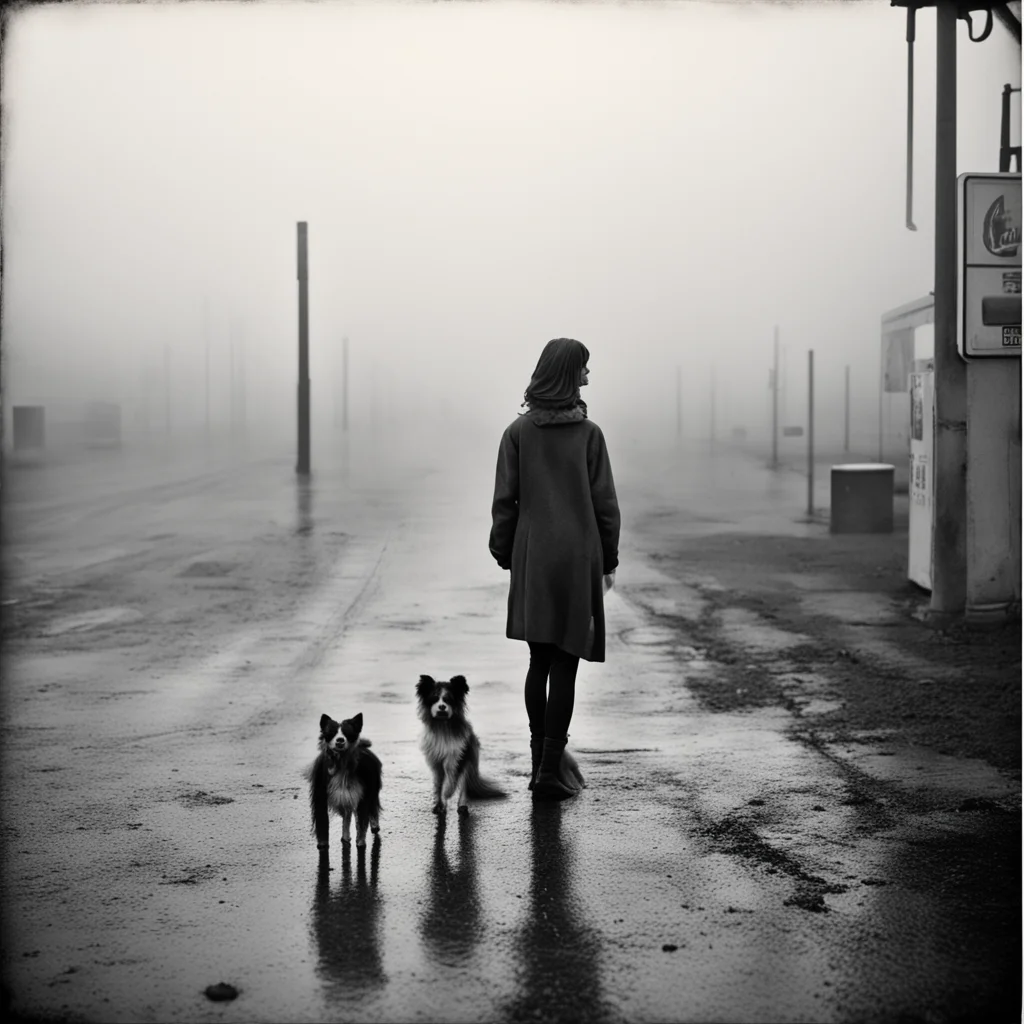 medium format art photo   lonesome young french woman small dog   foggy muddy gas station mysterious hipstamatic style good looking trending fantastic 1
