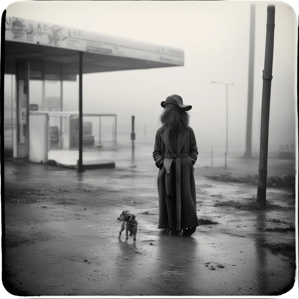 medium format art photo   lonesome young french woman small dog   foggy muddy gas station mysterious hipstamatic style