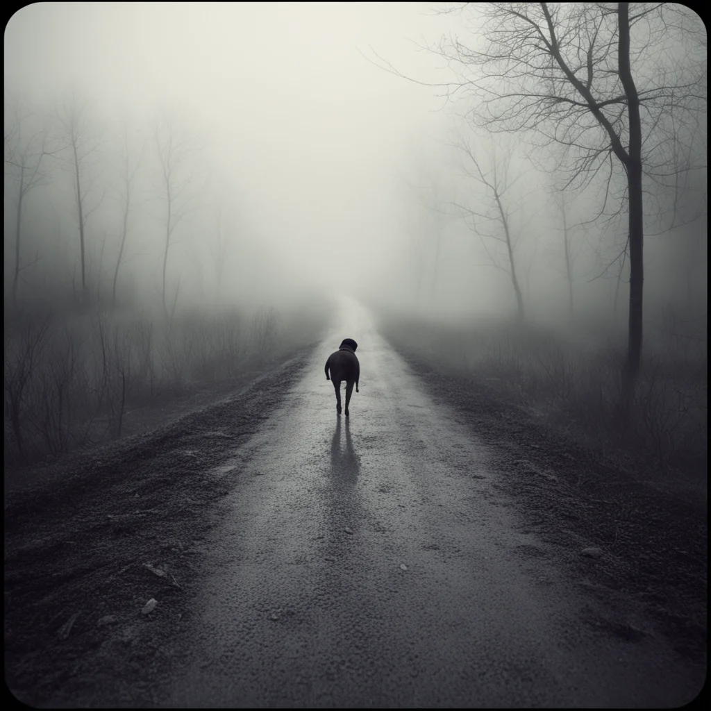 medium format art photo   lost dog  seen from behind  foggy muddy  mysterious winding road  uncanny night hipstamatic style amazing awesome portrait 2