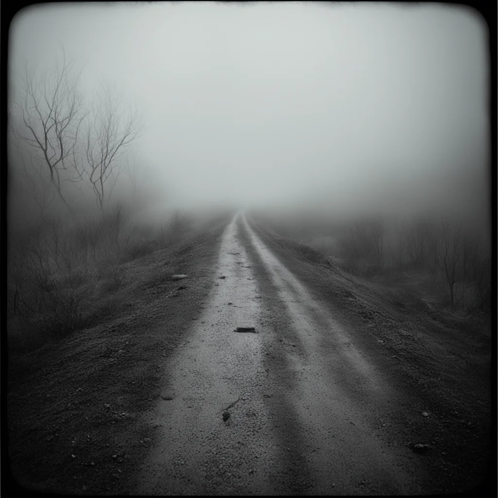 medium format art photo   lost dogss  seen from behind  foggy muddy  mysterious winding road  uncanny night hipstamatic style