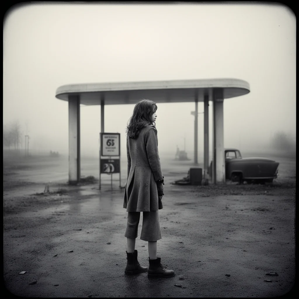 medium format art photo   lost french girl    foggy muddy gas station mysterious hipstamatic style