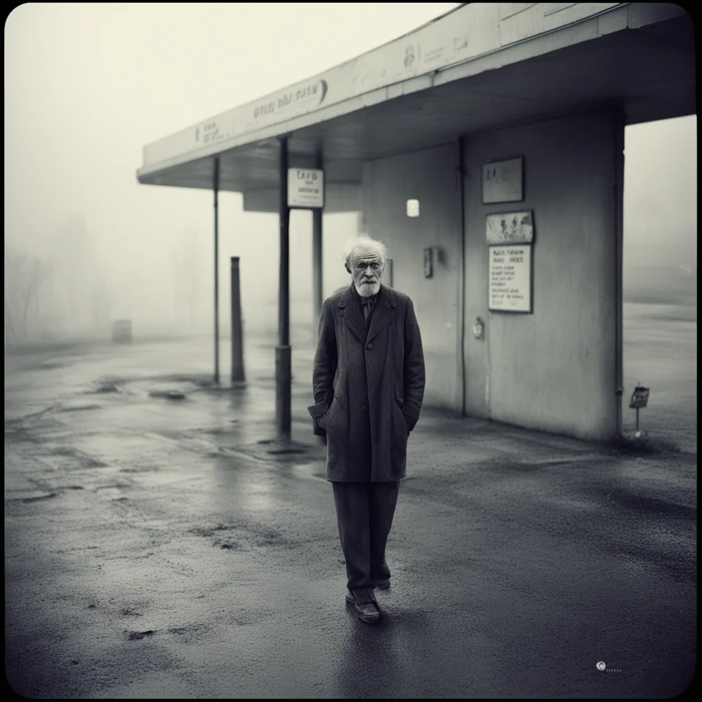 medium format art photo   lost french old man  foggy muddy gas station mysterious hipstamatic style