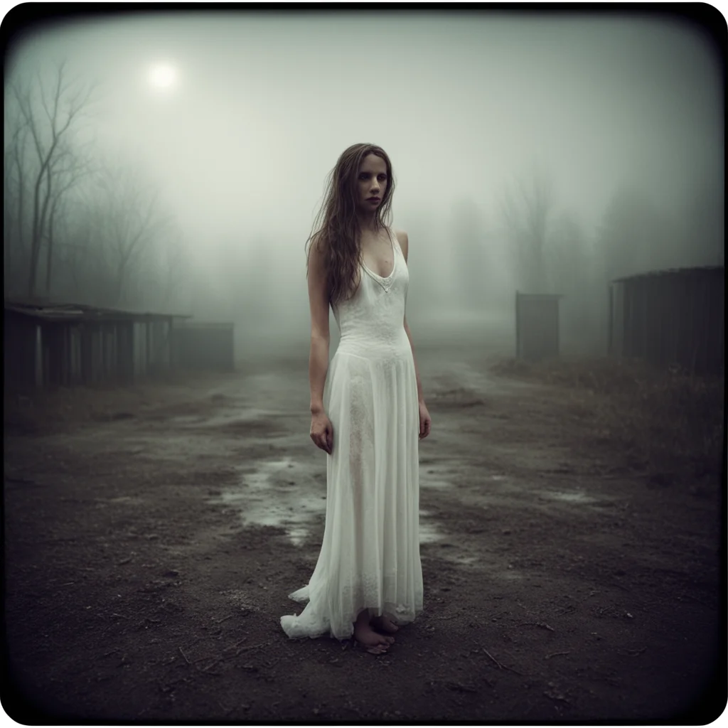medium format art photo   lost girl white underdress   foggy muddy  mysterious motel  uncanny night hipstamatic style