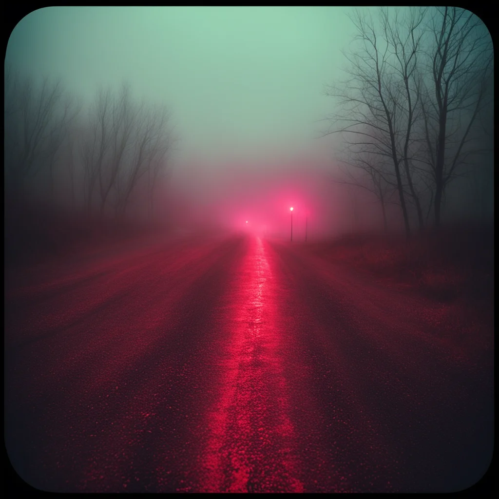 medium format art photo   red car lights  foggy muddy  mysterious winding road everywhere uncanny night hipstamatic style good looking trending fantastic 1