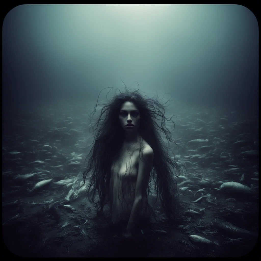 medium format art photo   sensual   nymph very long billowing hair in  foggy muddy  mysterious deep sea fishes everywhere uncanny night hipstamatic style amazing awesome portrait 2
