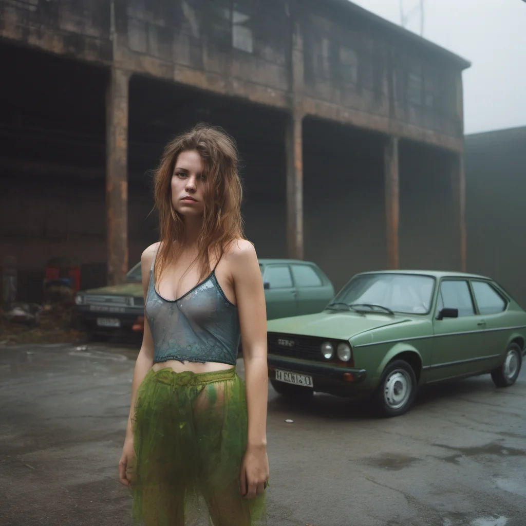 medium format art photo  german girl messy hair  in minimalist colourful lingerie in front of her dirty green opel kadett foggy rusty parking garage amazing awesome portrait 2