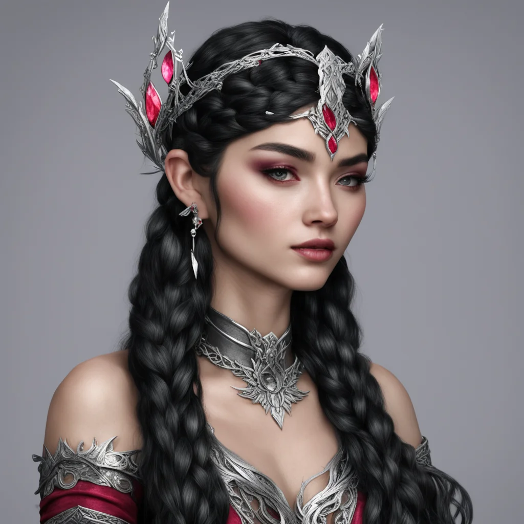 aimelian the maia with black hair with braids wearing silver elven circlet with diamonds and rubies