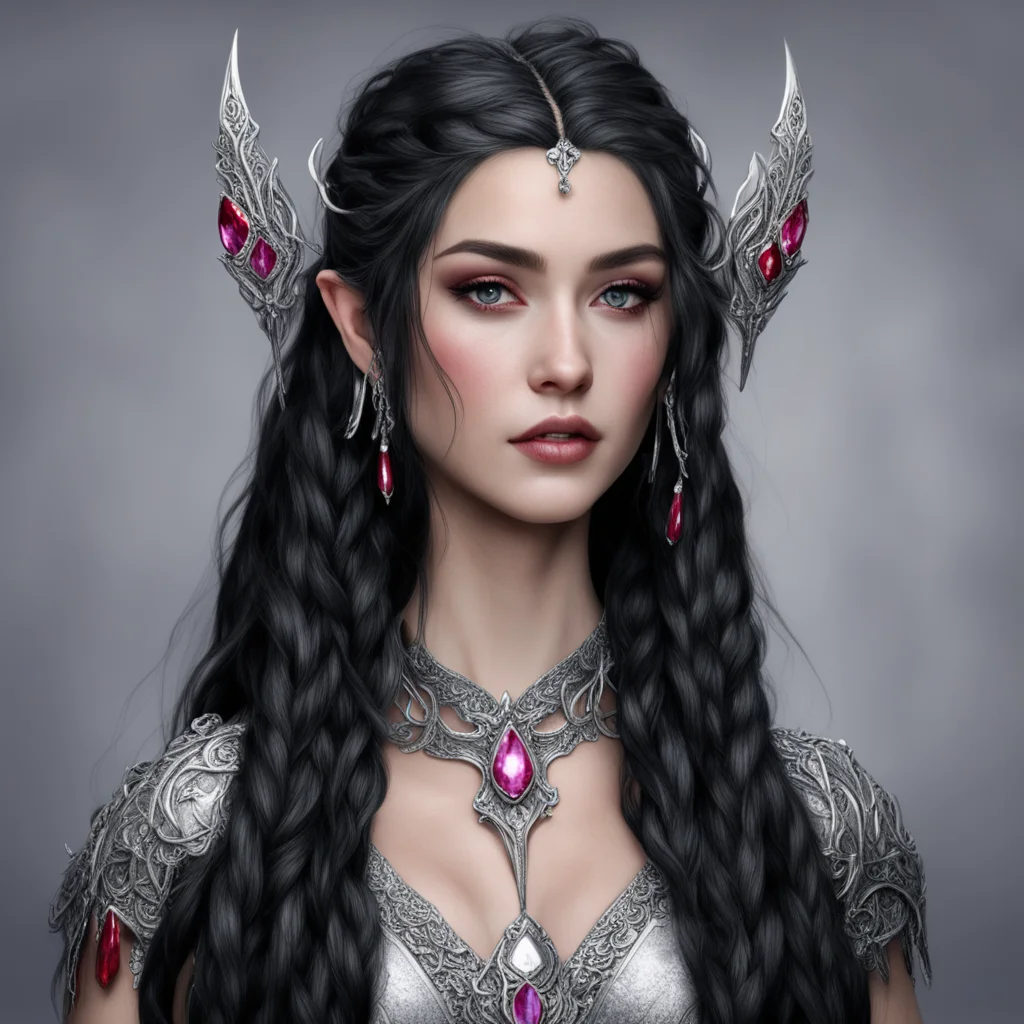 aimelian the maia with black hair with braids wearing silver elven hair forks with diamonds and rubies amazing awesome portrait 2