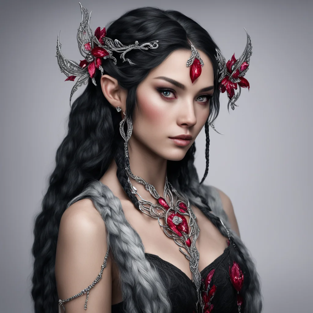 melian the maia with black hair with braids wearing silver elven hair forks with diamonds and rubies
