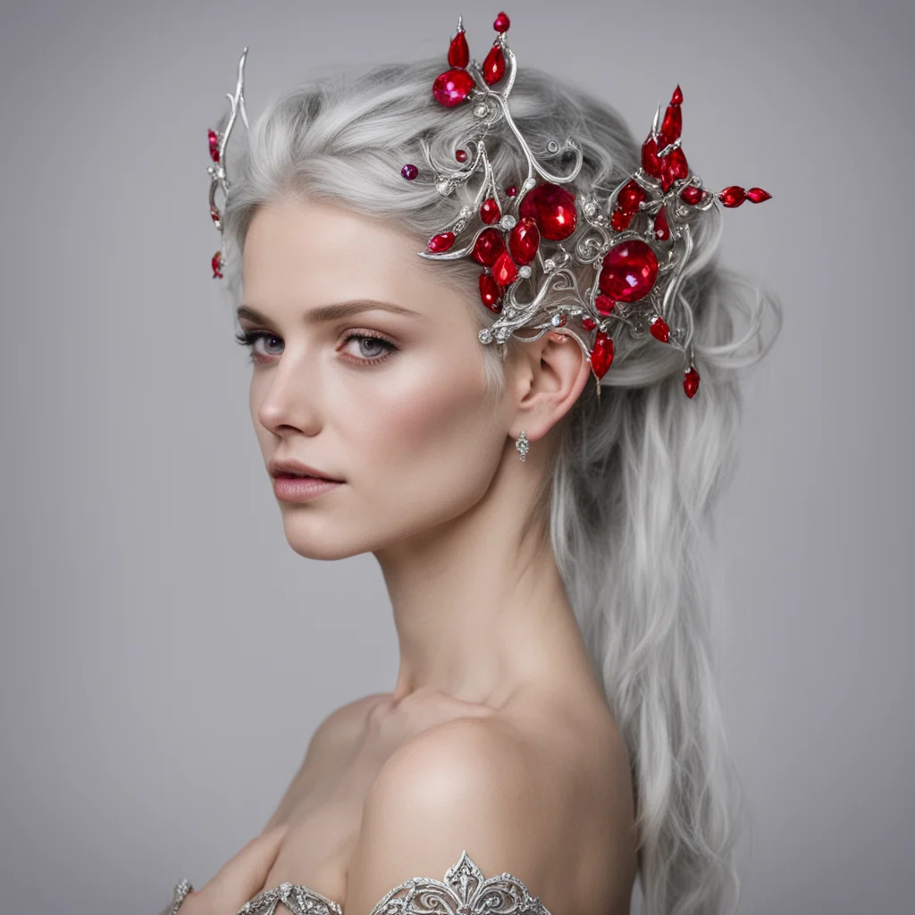 aimelina the maia wearing silver elven hair forks with diamonds and rubies good looking trending fantastic 1