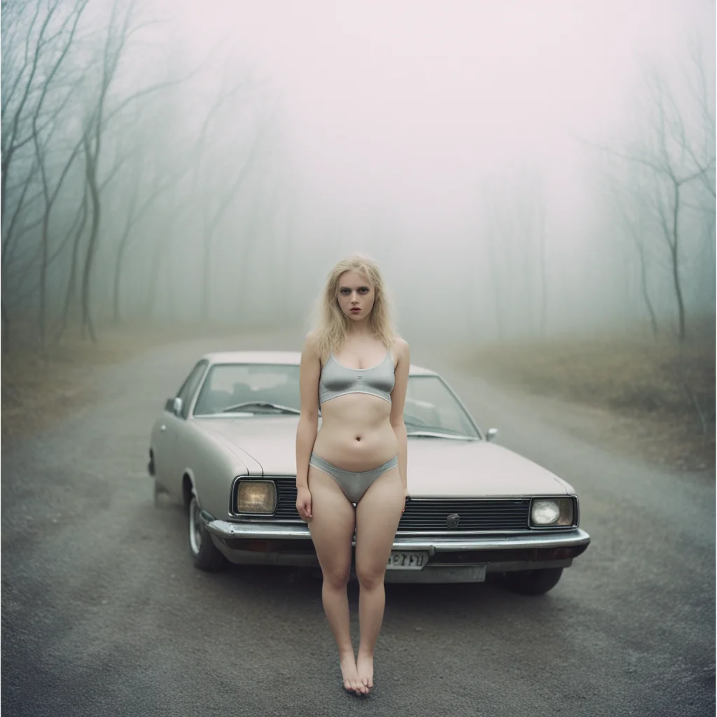 messy dreamy blonde girl in silver underwear with her old nissan sunny at an empty foggy road   uncanny polaroid good looking trending fantastic 1
