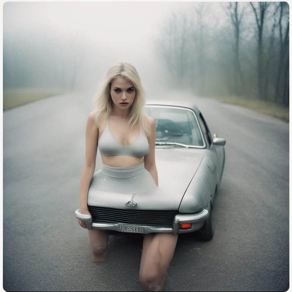 messy dreamy blonde girl in silver underwear with her old nissan sunny at an empty foggy road   uncanny polaroid
