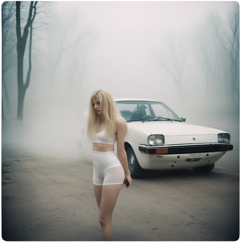messy dreamy blonde girl in white underwear with her old nissan sunny at an empty foggy parking   uncanny polaroid amazing awesome portrait 2
