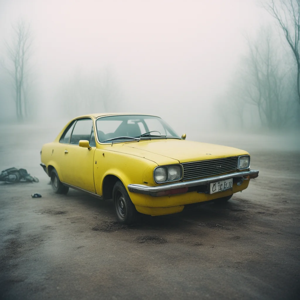 messy dreamy blonde girl in yellow underwear with her old honda civic at an empty foggy parking   uncanny polaroid confident engaging wow artstation art 3