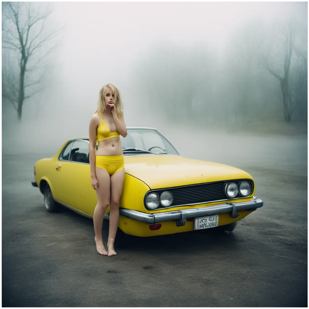 messy dreamy blonde girl in yellow underwear with her old honda civic at an empty foggy parking   uncanny polaroid
