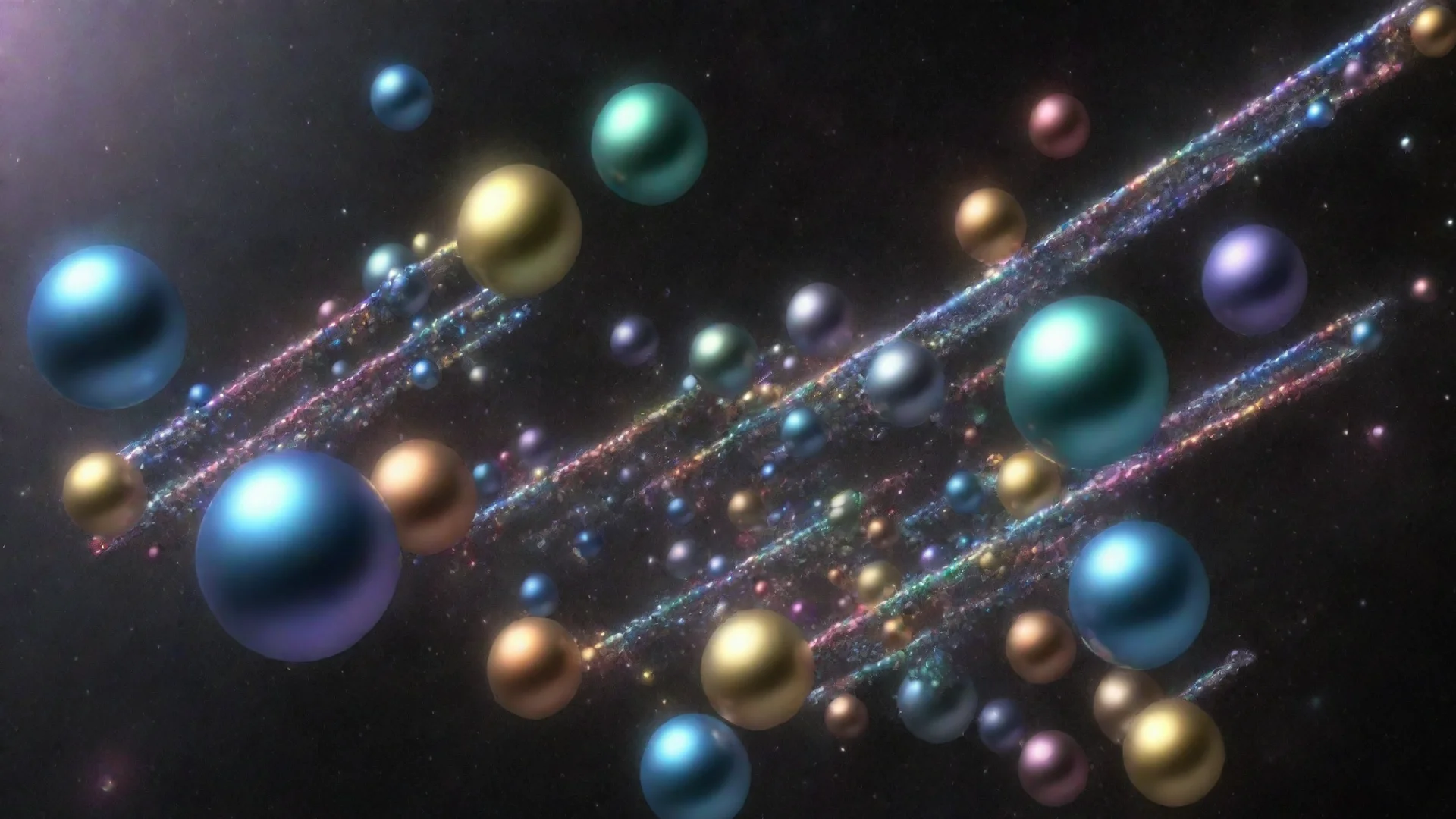 metallic multicolored spheres distributed in space and linked by irridescent tubes. wide