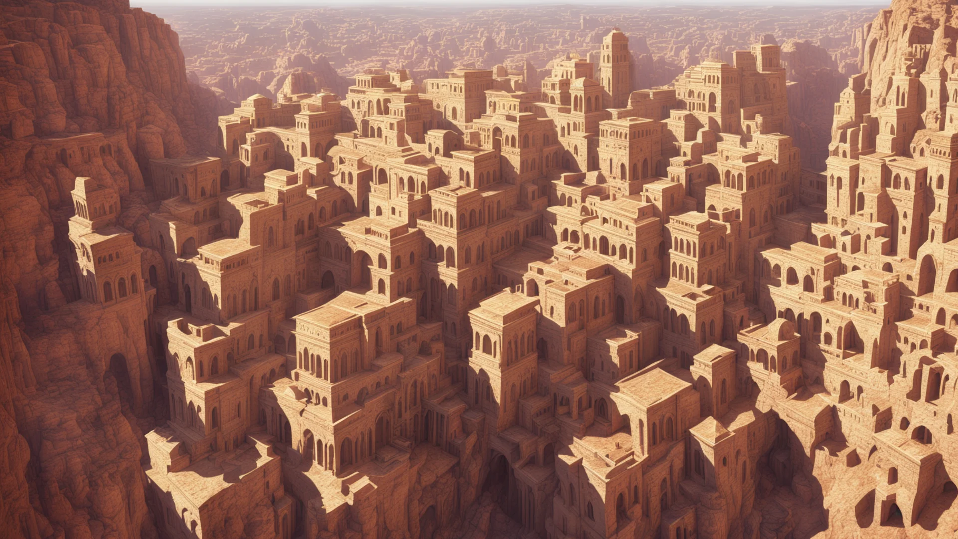 middle eastern city in canyon ornate architecture by marc simonetti natural volumetric lighting long shot realistic 4k octane beautifully detailed render  wide