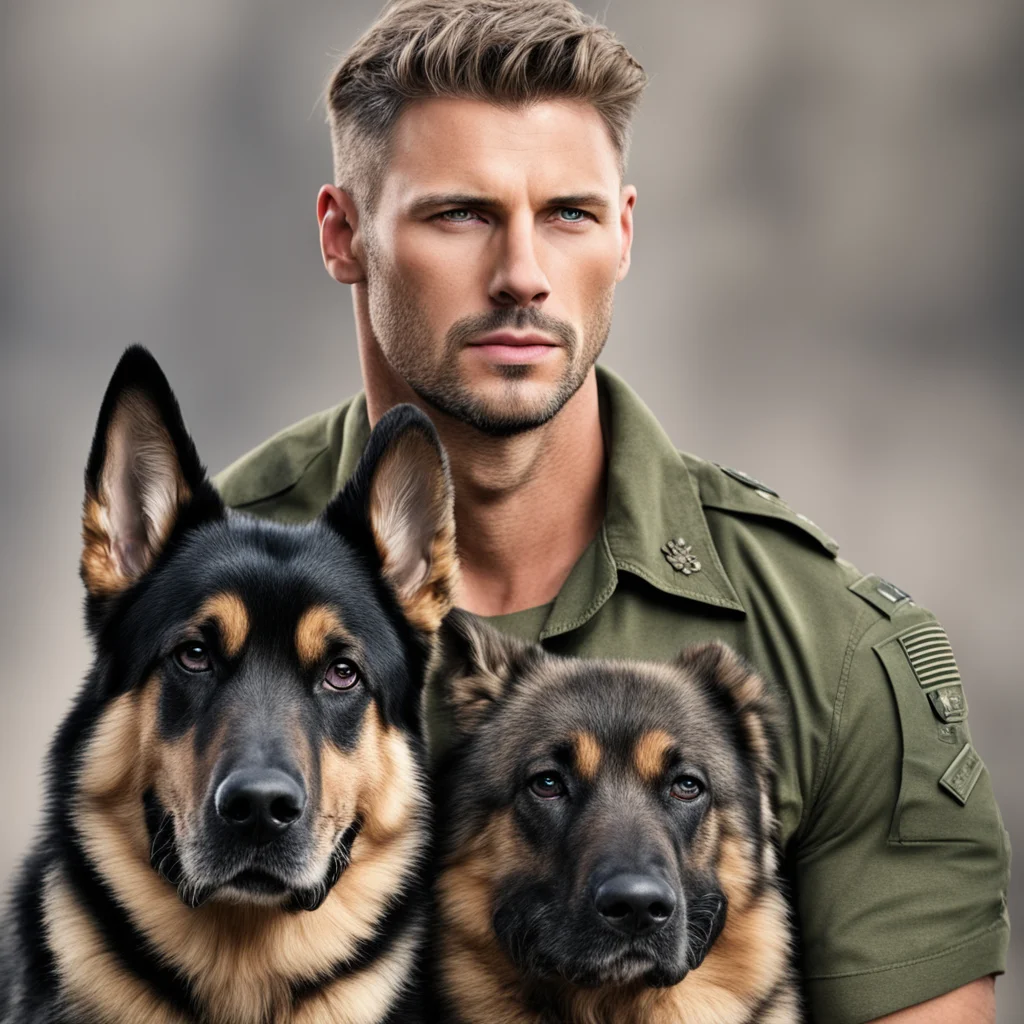 aimilitary man romance novel military hunk strong character portrait kindhearted short hair strong masculine man with german shepherd amazing awesome portrait 2