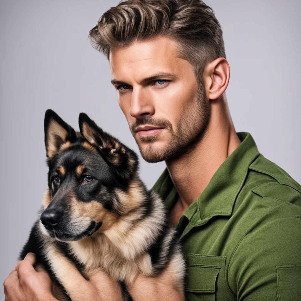 military man romance novel military hunk strong character portrait kindhearted short hair strong masculine man with german shepherd confident engaging wow artstation art 3