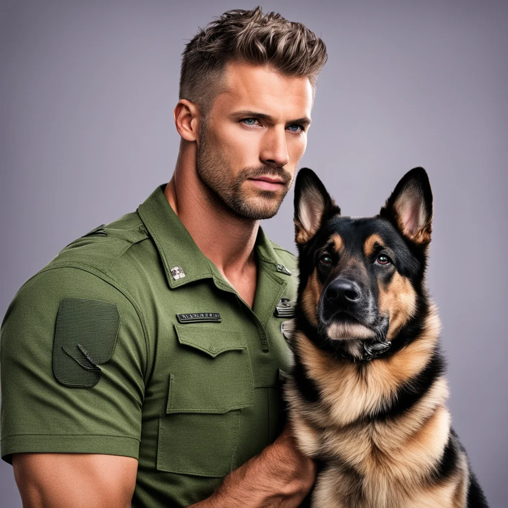 aimilitary man romance novel military hunk strong character portrait kindhearted short hair strong masculine man with german shepherd good looking trending fantastic 1
