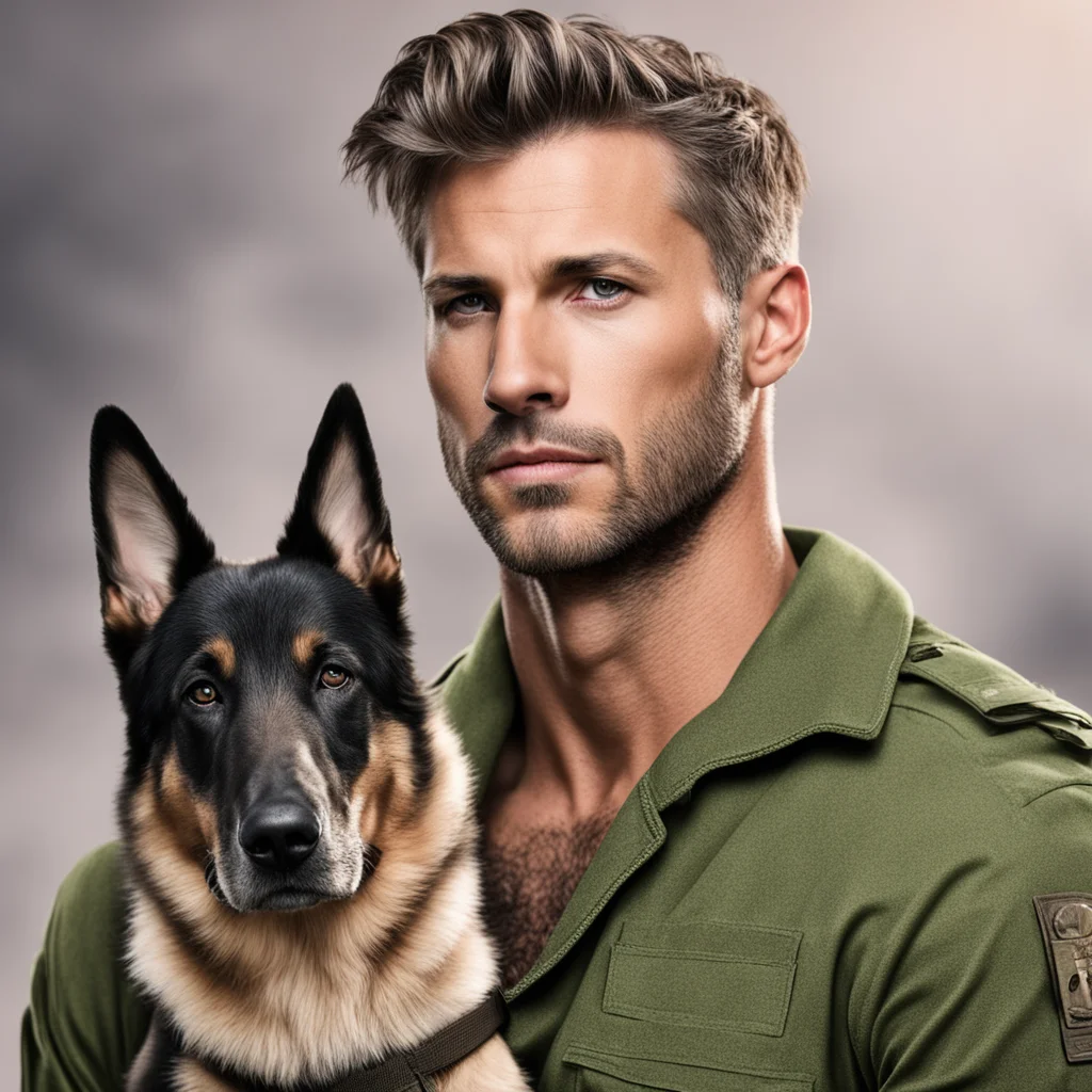 military man romance novel military hunk strong character portrait kindhearted short hair strong masculine man with german shepherd