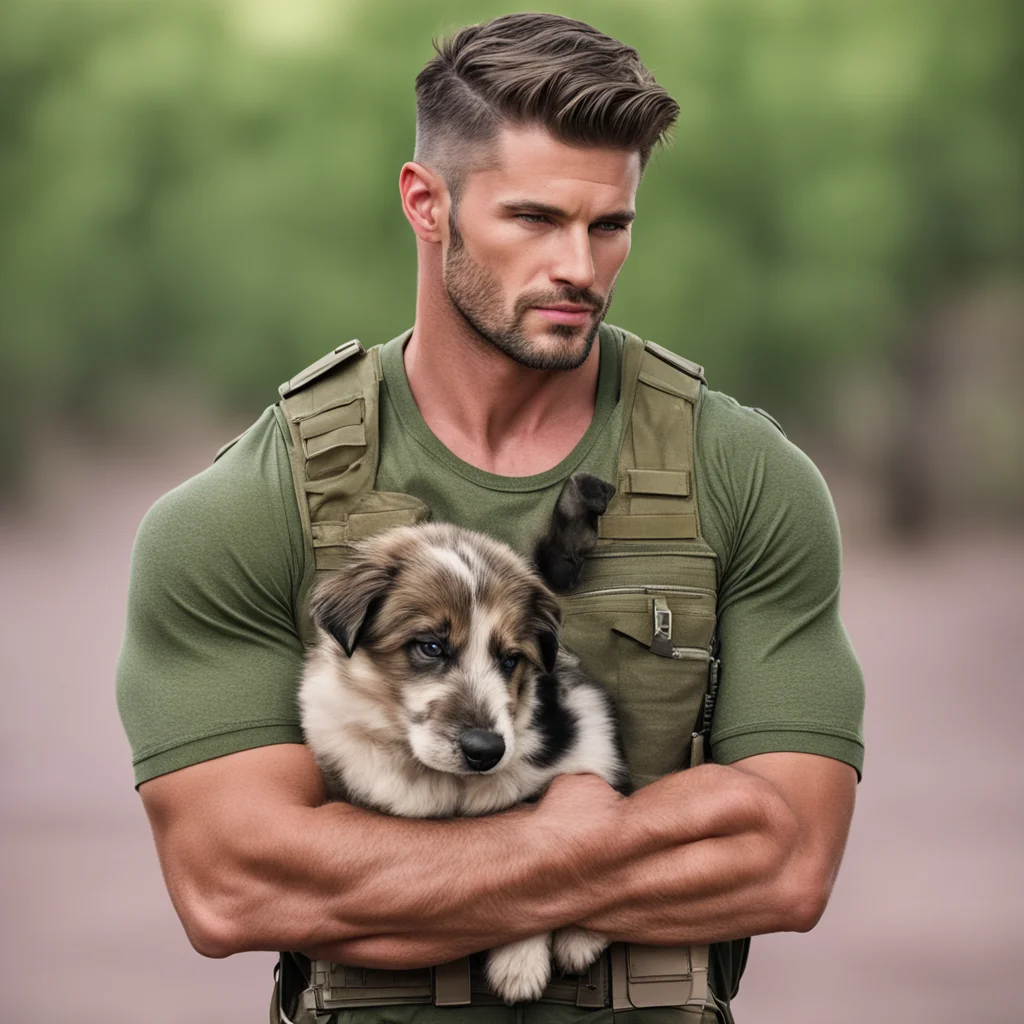 aimilitary man romance novel military hunk strong character portrait kindhearted short hair strong masculine man with puppy confident engaging wow artstation art 3