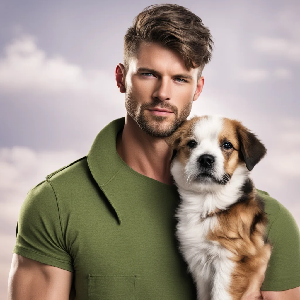 military man romance novel military hunk strong character portrait kindhearted short hair strong masculine man with puppy good looking trending fantastic 1