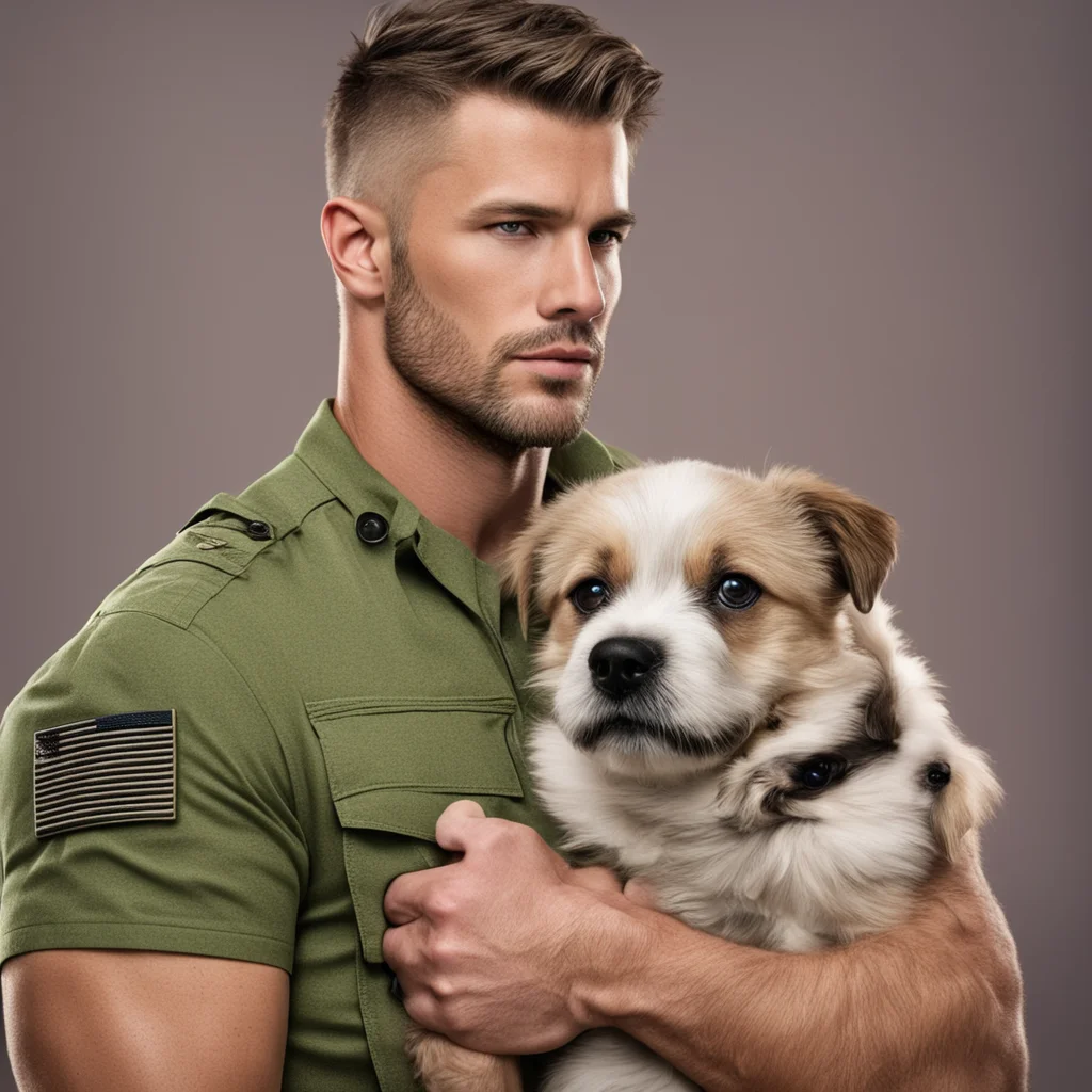 military man romance novel military hunk strong character portrait kindhearted short hair strong masculine man with puppy