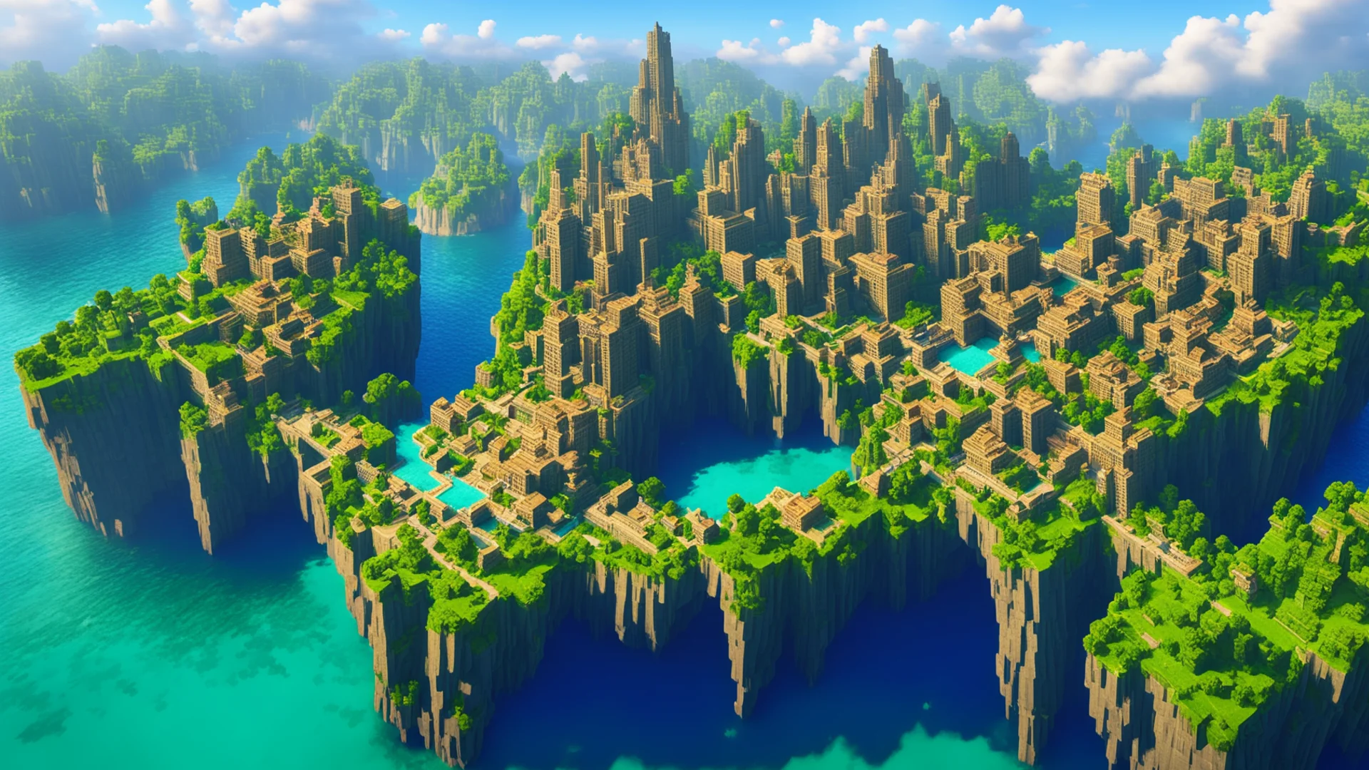 aiminecraft epic city on cliffs water surrounding%2C giant magic city amazing awesome portrait 2 wide
