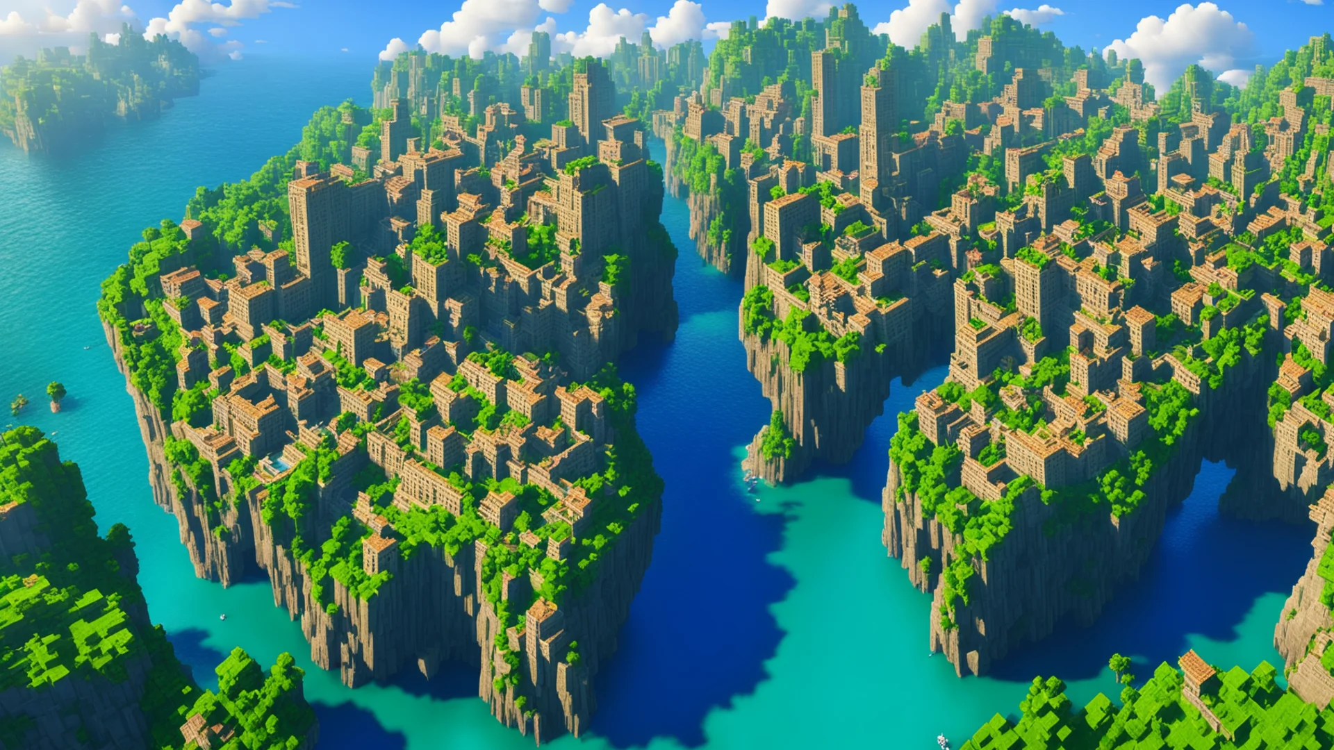 aiminecraft epic city on cliffs water surrounding%2C giant magic city wide