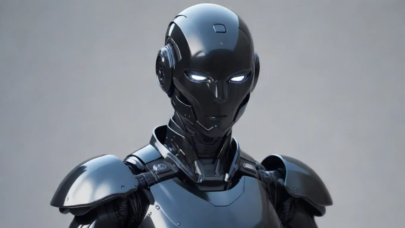 aiminimalist futuristic portrait of an ai bot%2C pearlescent black armor%2C soft clean background epic warrior hd  widescreen