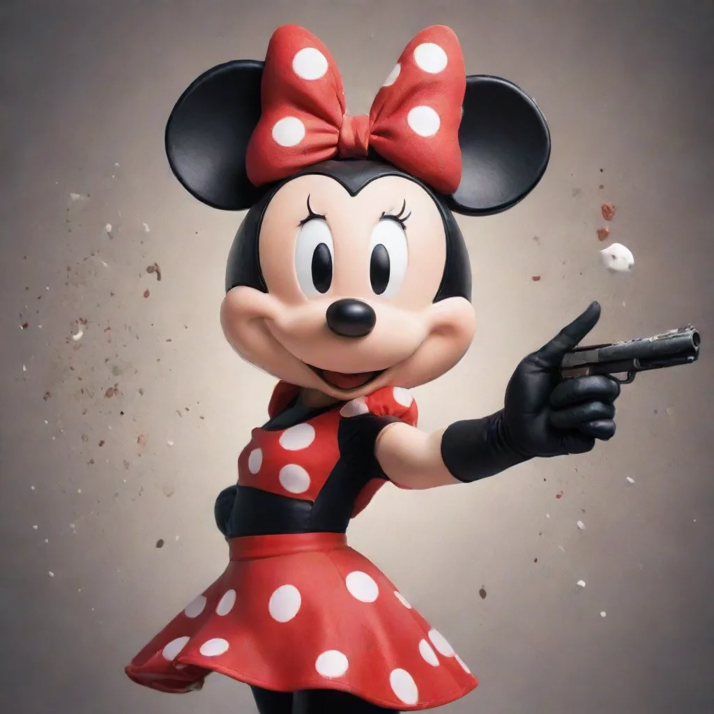aiminnie mouse from disney with black gloves and gun and mayonnaise splattered everywhere