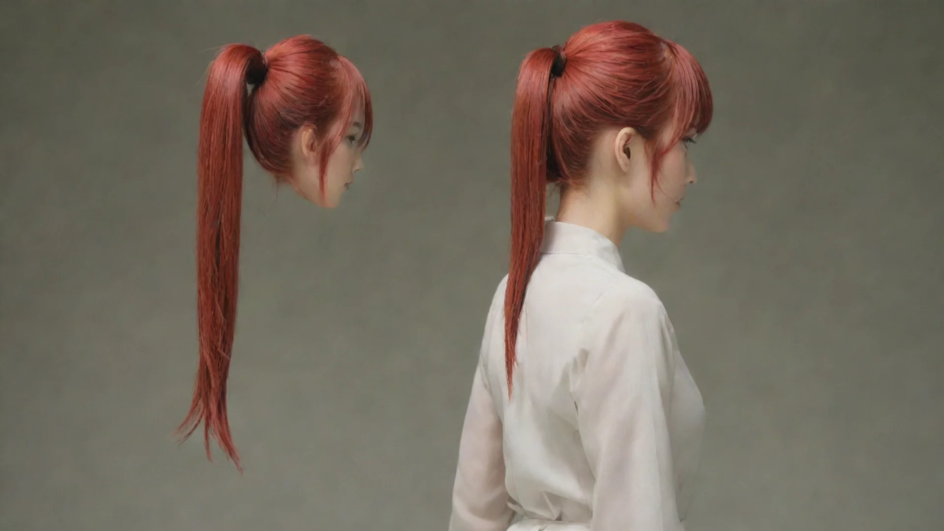 aimiyabi shikimori %2Cred hair%2C ponytail%2C woman%2C standing straight%2C looking forward wide