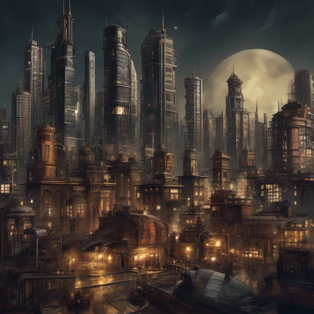 modern city with skyscrapers at night steampunk